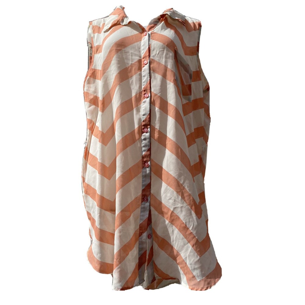 Sweet Rain Semi Sheer Tank Top Button Up Womens Sz Large Pink White Chevron